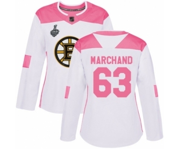 Women's Boston Bruins #63 Brad Marchand Authentic White Pink Fashion 2019 Stanley Cup Final Bound Hockey Jersey