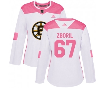 Women's Boston Bruins #67 Jakub Zboril Authentic White Pink Fashion Hockey Jersey