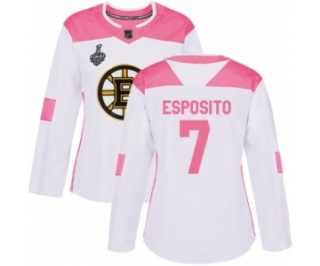 Women's Boston Bruins #7 Phil Esposito Authentic White Pink Fashion 2019 Stanley Cup Final Bound Hockey Jersey