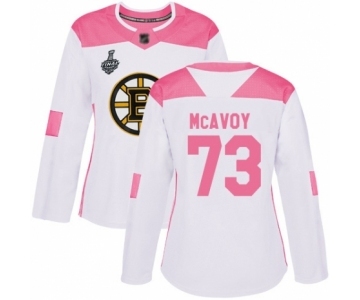 Women's Boston Bruins #73 Charlie McAvoy Authentic White Pink Fashion 2019 Stanley Cup Final Bound Hockey Jersey