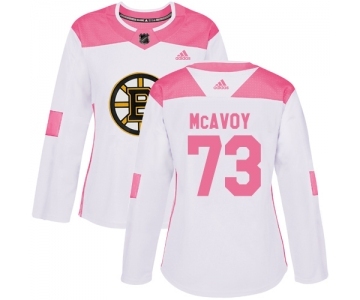 Women's Boston Bruins #73 Charlie McAvoy Authentic White Pink Fashion Hockey Jersey