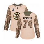 Women's Boston Bruins #74 Jake DeBrusk Authentic Camo Veterans Day Practice 2019 Stanley Cup Final Bound Hockey Jersey