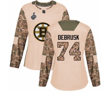 Women's Boston Bruins #74 Jake DeBrusk Authentic Camo Veterans Day Practice 2019 Stanley Cup Final Bound Hockey Jersey