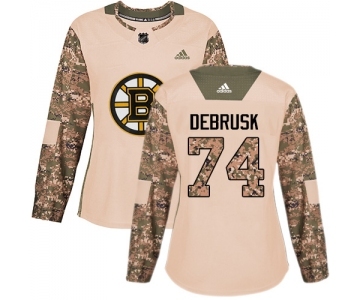 Women's Boston Bruins #74 Jake DeBrusk Authentic Camo Veterans Day Practice Hockey Jersey