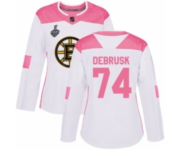 Women's Boston Bruins #74 Jake DeBrusk Authentic White Pink Fashion 2019 Stanley Cup Final Bound Hockey Jersey