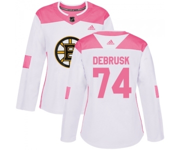 Women's Boston Bruins #74 Jake DeBrusk Authentic White Pink Fashion Hockey Jersey