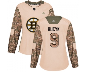 Women's Boston Bruins #9 Johnny Bucyk Authentic Camo Veterans Day Practice Hockey Jersey