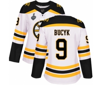 Women's Boston Bruins #9 Johnny Bucyk Authentic White Away 2019 Stanley Cup Final Bound Hockey Jersey