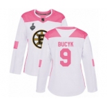 Women's Boston Bruins #9 Johnny Bucyk Authentic White Pink Fashion 2019 Stanley Cup Final Bound Hockey Jersey