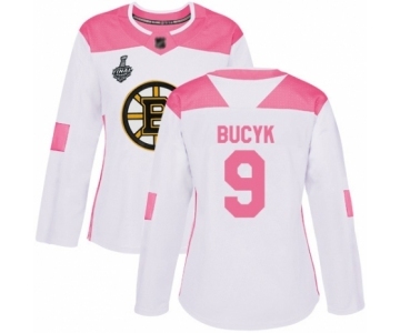 Women's Boston Bruins #9 Johnny Bucyk Authentic White Pink Fashion 2019 Stanley Cup Final Bound Hockey Jersey