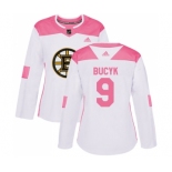 Women's Boston Bruins #9 Johnny Bucyk Authentic White Pink Fashion Hockey Jersey