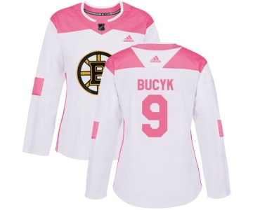 Women's Boston Bruins #9 Johnny Bucyk Authentic White Pink Fashion Hockey Jersey