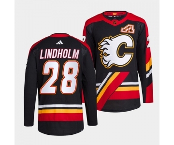 Men's Calgary Flames #28 Elias Lindholm Black 2022-23 Reverse Retro Stitched Jersey