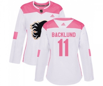 Women Calgary Flames #11 Mikael Backlund Authentic White Pink Fashion Hockey Jersey