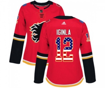 Women Calgary Flames #12 Jarome Iginla Authentic Red USA Flag Fashion Hockey Jersey