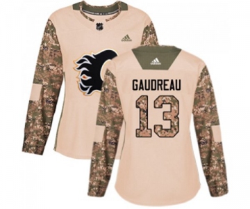 Women Calgary Flames #13 Johnny Gaudreau Authentic Camo Veterans Day Practice Hockey Jersey