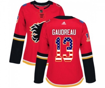 Women Calgary Flames #13 Johnny Gaudreau Authentic Red USA Flag Fashion Hockey Jersey