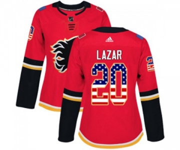 Women Calgary Flames #20 Curtis Lazar Authentic Red USA Flag Fashion Hockey Jersey