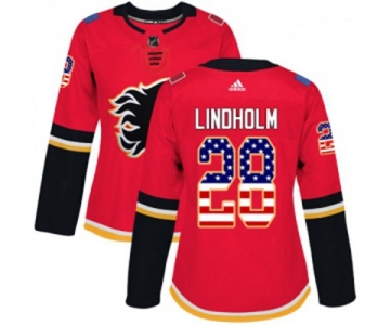 Women Calgary Flames #28 Elias Lindholm Authentic Red USA Flag Fashion Hockey Jersey