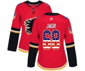 Women Calgary Flames #68 Jaromir Jagr Authentic Red USA Flag Fashion Hockey Jersey