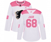 Women Calgary Flames #68 Jaromir Jagr Authentic White Pink Fashion Hockey Jersey