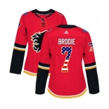 Women Calgary Flames #7 TJ Brodie Authentic Red USA Flag Fashion Hockey Jersey