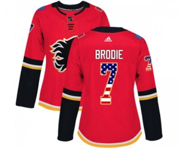 Women Calgary Flames #7 TJ Brodie Authentic Red USA Flag Fashion Hockey Jersey