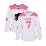 Women Calgary Flames #7 TJ Brodie Authentic White Pink Fashion Hockey Jersey