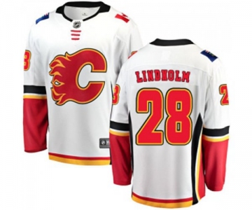 Youth Calgary Flames #28 Elias Lindholm Authentic White Away Fanatics Branded Breakaway Hockey Jersey