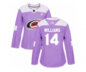 Women Adidas Carolina Hurricanes #14 Justin Williams Purple Authentic Fights Cancer Stitched NHL Jersey