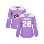 Women Adidas Carolina Hurricanes #28 Elias Lindholm Purple Authentic Fights Cancer Stitched NHL Jersey