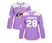 Women Adidas Carolina Hurricanes #28 Elias Lindholm Purple Authentic Fights Cancer Stitched NHL Jersey