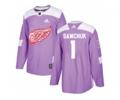 Men Adidas Detroit Red Wings #1 Terry Sawchuk Purple Authentic Fights Cancer Stitched NHL Jersey