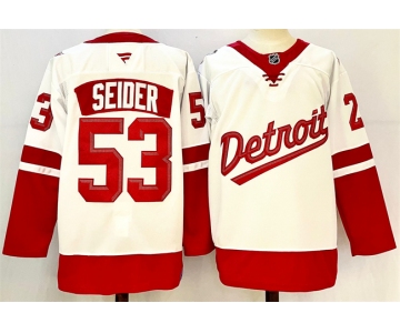 Men's Detroit Red Wings #53 Moritz Seider White Red 2024-25 Stitched Jersey