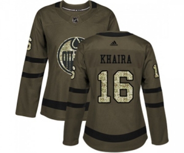 Women Adidas Edmonton Oilers #16 Jujhar Khaira Authentic Green Salute to Service NHL Jersey