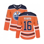 Women Adidas Edmonton Oilers #16 Jujhar Khaira Authentic Orange Home NHL Jersey