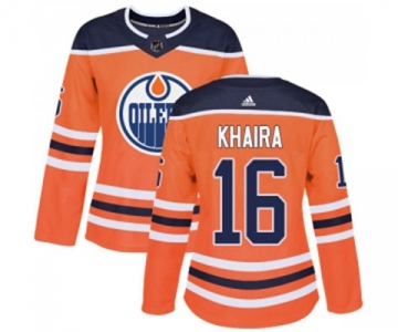 Women Adidas Edmonton Oilers #16 Jujhar Khaira Authentic Orange Home NHL Jersey