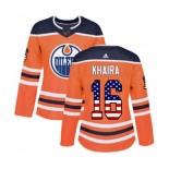 Women Adidas Edmonton Oilers #16 Jujhar Khaira Authentic Orange USA Flag Fashion NHL Jersey