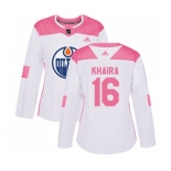 Women Adidas Edmonton Oilers #16 Jujhar Khaira Authentic White Pink Fashion NHL Jersey