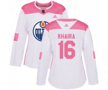 Women Adidas Edmonton Oilers #16 Jujhar Khaira Authentic White Pink Fashion NHL Jersey