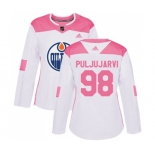 Women Adidas Edmonton Oilers #98 Jesse Puljujarvi Authentic White Pink Fashion NHL Jersey