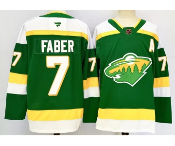 Men's Minnesota Wild #7 Brock Faber Green 2024-25 Alternate With A Patch Stitched Hockey Jersey