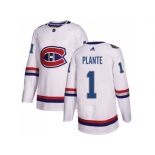 Men Adidas Montreal Canadiens #1 Jacques Plante White Authentic 2017 100 Classic Stitched NHL Jersey