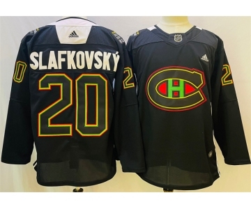 Men's Montreal Canadiens #20 Juraj Slafkovsky 2022 Black Warm Up History Night Stitched Jersey