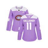 Women Adidas Montreal Canadiens #11 Brendan Gallagher Purple Authentic Fights Cancer Stitched NHL Jersey