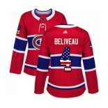 Women Adidas Montreal Canadiens #4 Jean Beliveau Authentic Red USA Flag Fashion NHL Jersey