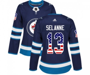 Women Adidas Winnipeg Jets #13 Teemu Selanne Authentic Navy Blue USA Flag Fashion NHL Jersey