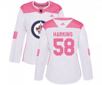 Women Adidas Winnipeg Jets #58 Jansen Harkins Authentic White Pink Fashion NHL Jersey