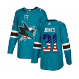 Adidas San Jose Sharks #31 Martin Jones Authentic Teal Green USA Flag Fashion NHL Jersey