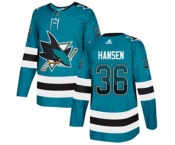 Adidas San Jose Sharks #36 Jannik Hansen Authentic Teal Drift Fashion NHL Jersey